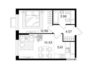 2-к квартира, строящийся дом, 42м2, 16/24 этаж