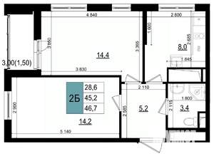 2-к квартира, строящийся дом, 47м2, 20/25 этаж