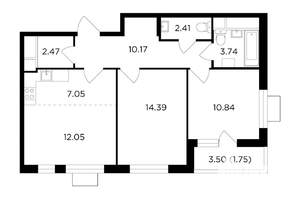 3-к квартира, строящийся дом, 65м2, 20/24 этаж